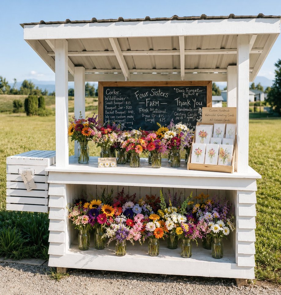 The Bloomsy flower stand in Kalamazoo with fresh bouquets and watercolor cards